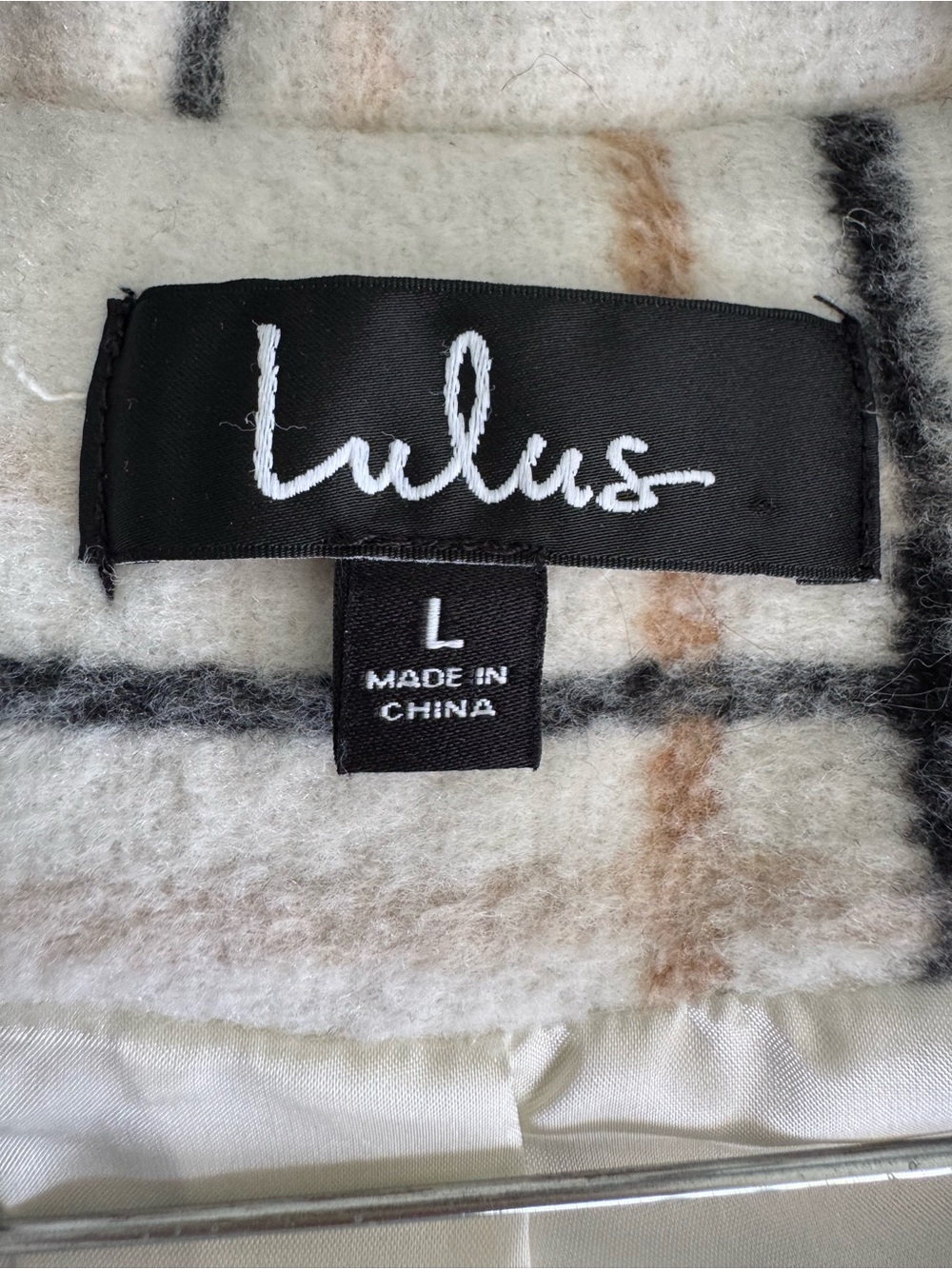 Lulus Long Plaid Wool Blend Belted Windowpane Coat Cream Black Camel - Picture 9 of 9